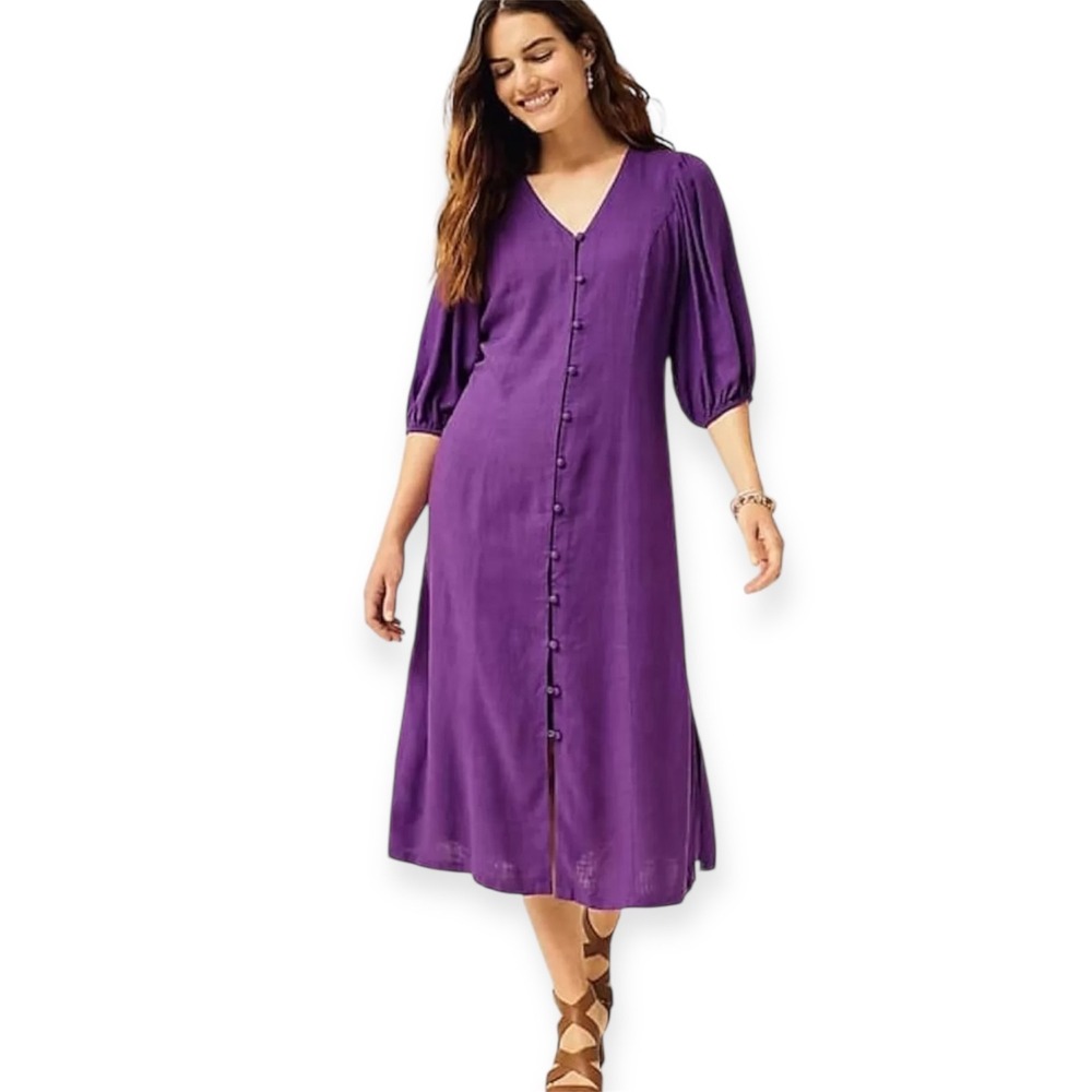 J. Jill Linen Blend Purple Button Front Midi Dress Puff Sleeve Size SP Petite